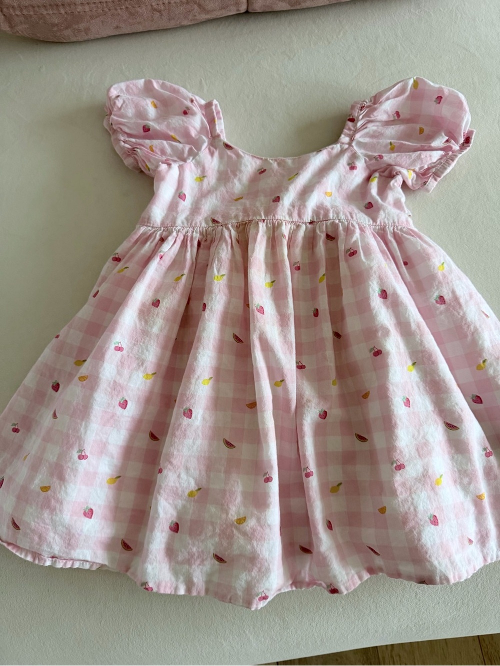 Janie and Jack Pink Gingham Puff-Sleeve Dress with Fruit Print